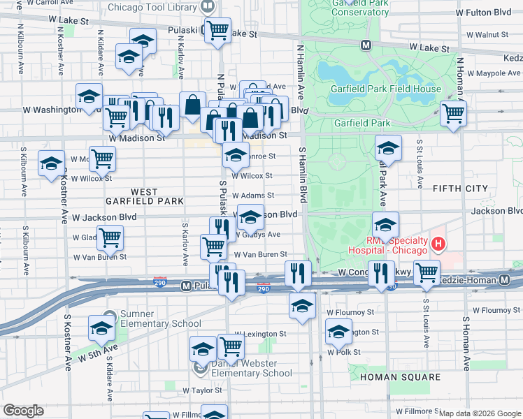 map of restaurants, bars, coffee shops, grocery stores, and more near 3900 West Jackson Boulevard in Chicago