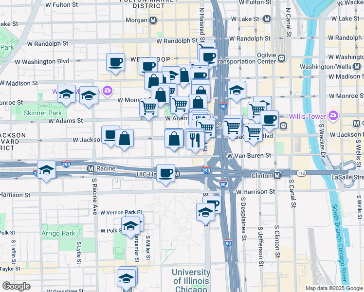 map of restaurants, bars, coffee shops, grocery stores, and more near 315 South Peoria Street in Chicago