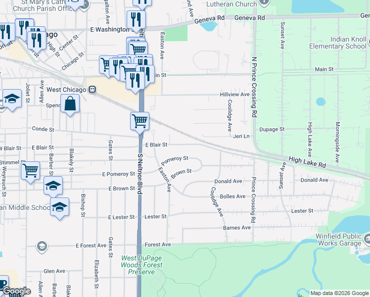 map of restaurants, bars, coffee shops, grocery stores, and more near 29W252 Pomeroy Street in West Chicago