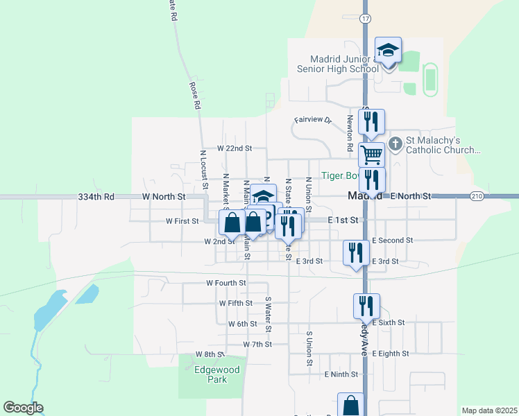 map of restaurants, bars, coffee shops, grocery stores, and more near 213 West 1st Street in Madrid