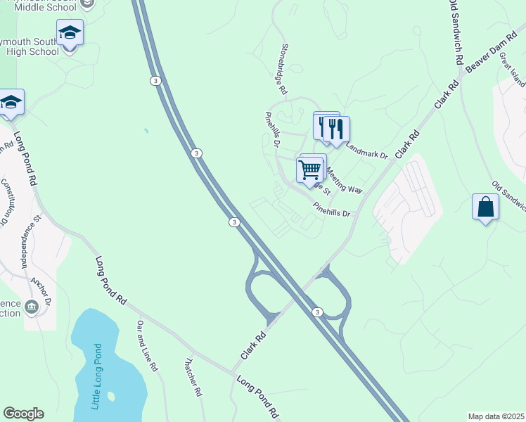 map of restaurants, bars, coffee shops, grocery stores, and more near 50 Pinehills Drive in Plymouth