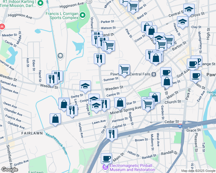 map of restaurants, bars, coffee shops, grocery stores, and more near 320 Weeden Street in Pawtucket