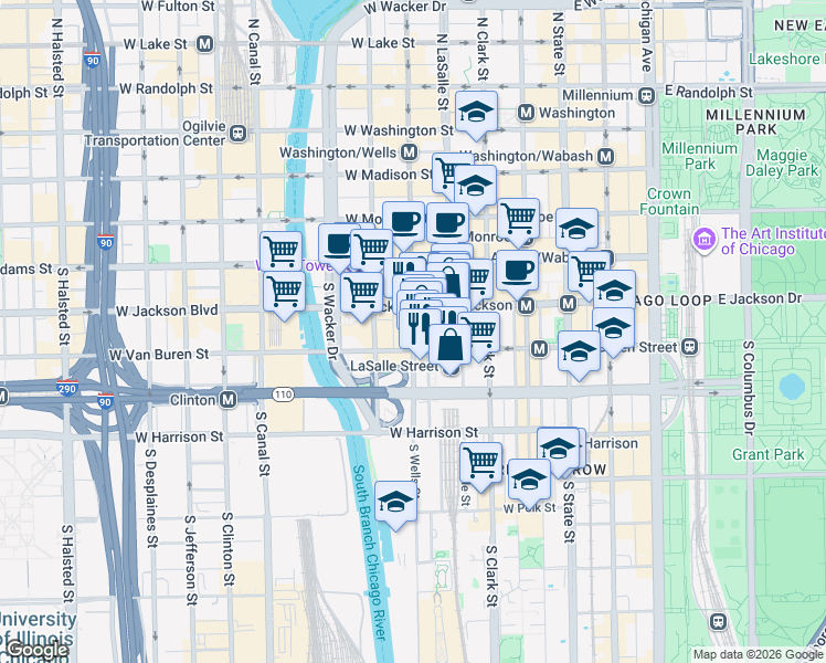 map of restaurants, bars, coffee shops, grocery stores, and more near 166 West Van Buren Street in Chicago