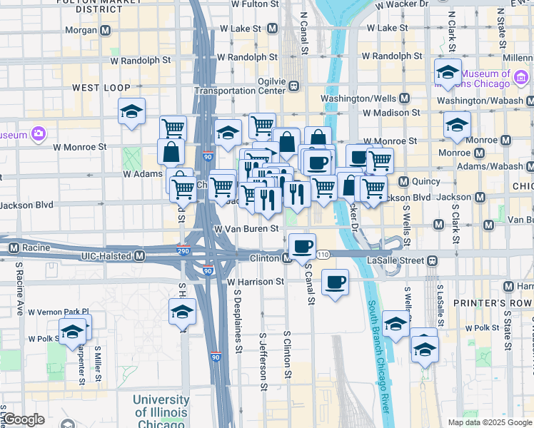 map of restaurants, bars, coffee shops, grocery stores, and more near 566 West Van Buren Street in Chicago