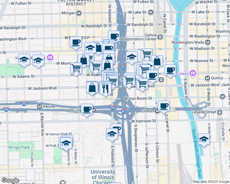 map of restaurants, bars, coffee shops, grocery stores, and more near 770 West Van Buren Street in Chicago