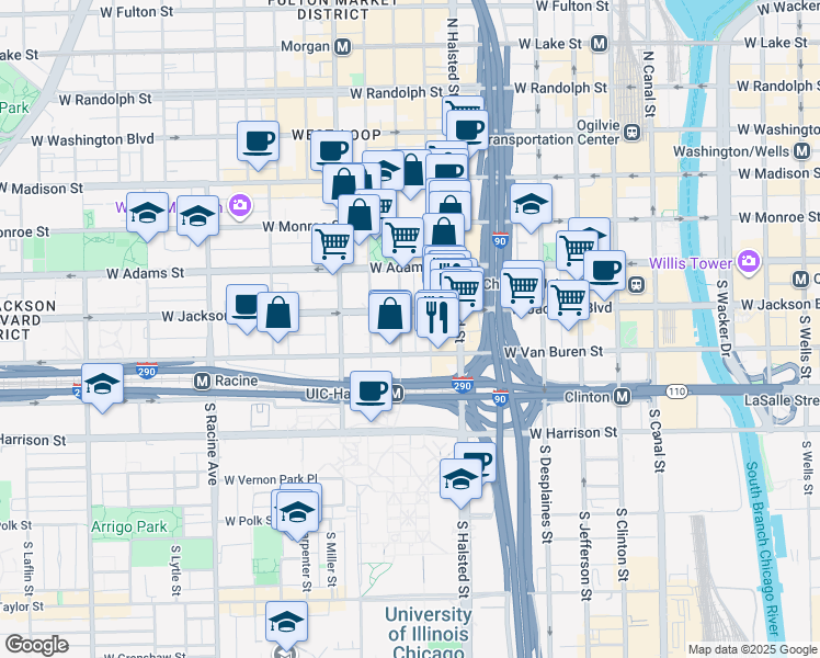 map of restaurants, bars, coffee shops, grocery stores, and more near 329 South Peoria Street in Chicago