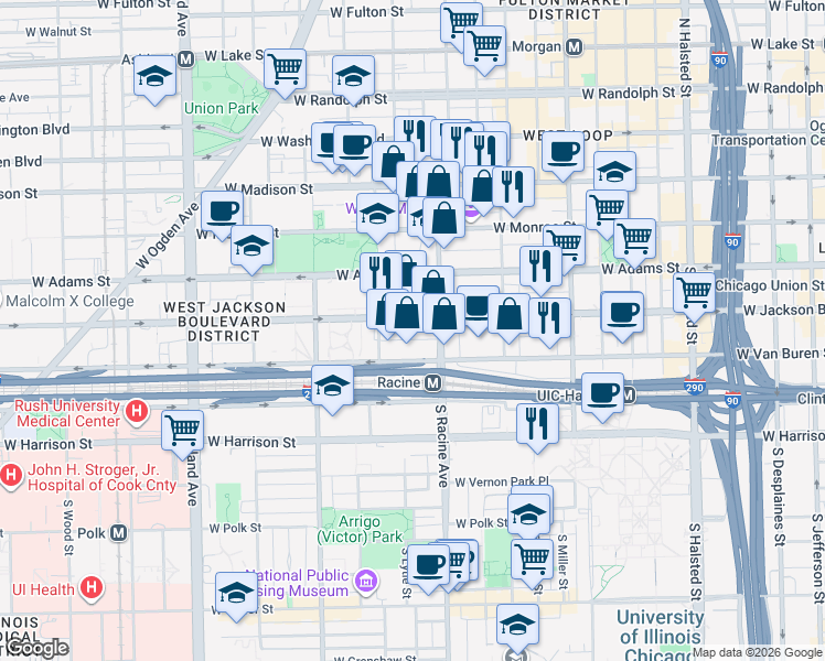 map of restaurants, bars, coffee shops, grocery stores, and more near 1224 West Van Buren Street in Chicago