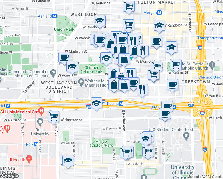 map of restaurants, bars, coffee shops, grocery stores, and more near 1224 West Van Buren Street in Chicago