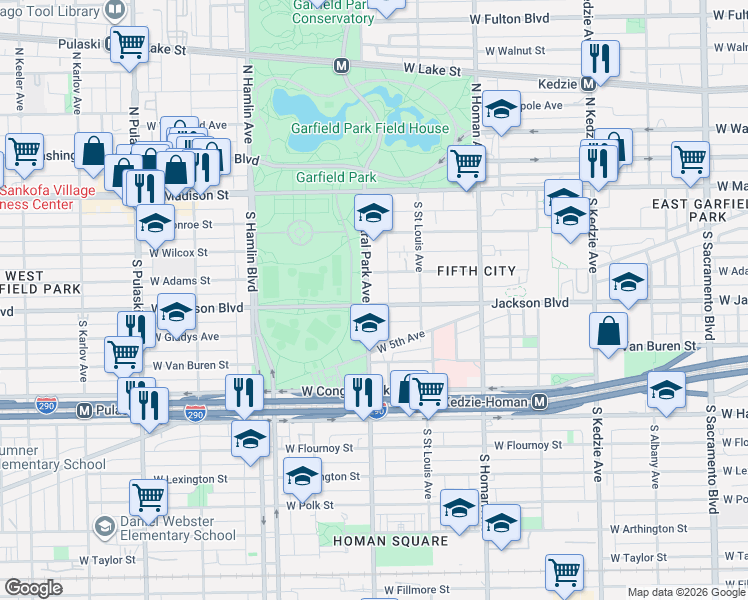 map of restaurants, bars, coffee shops, grocery stores, and more near 3553 West Jackson Boulevard in Chicago