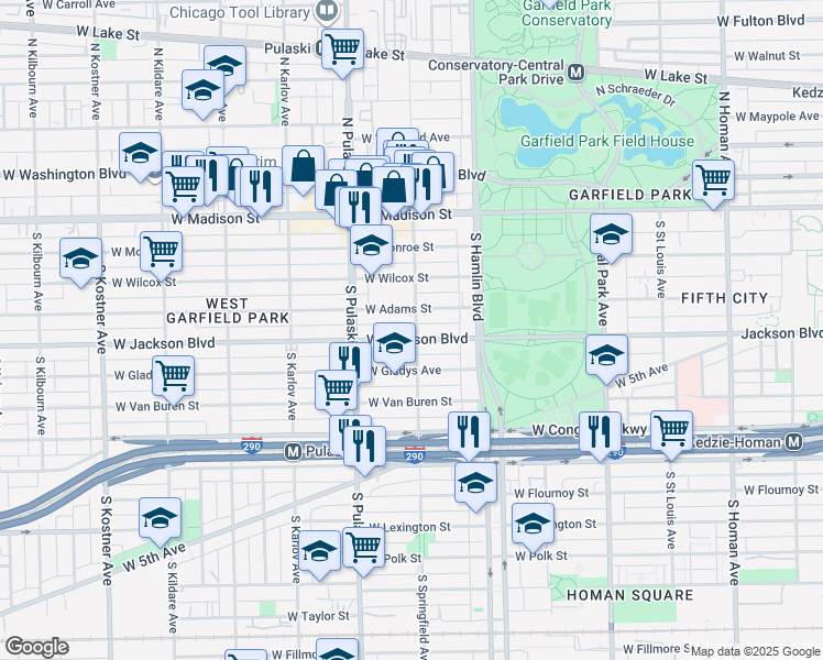 map of restaurants, bars, coffee shops, grocery stores, and more near 301 South Springfield Avenue in Chicago