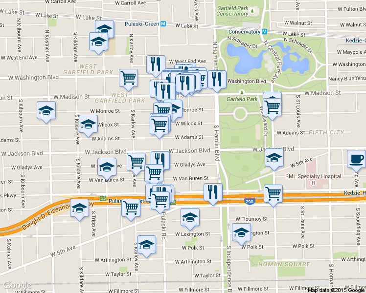 map of restaurants, bars, coffee shops, grocery stores, and more near 301 South Springfield Avenue in Chicago