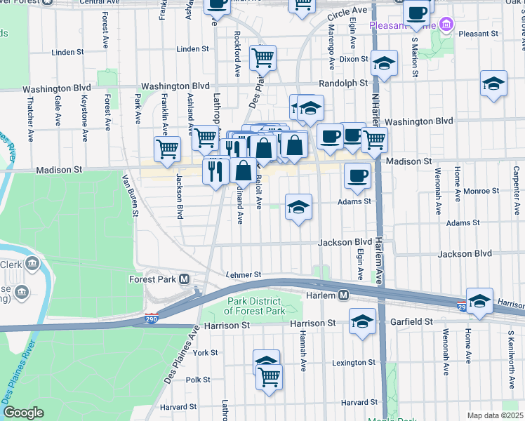 map of restaurants, bars, coffee shops, grocery stores, and more near 516 Beloit Avenue in Forest Park