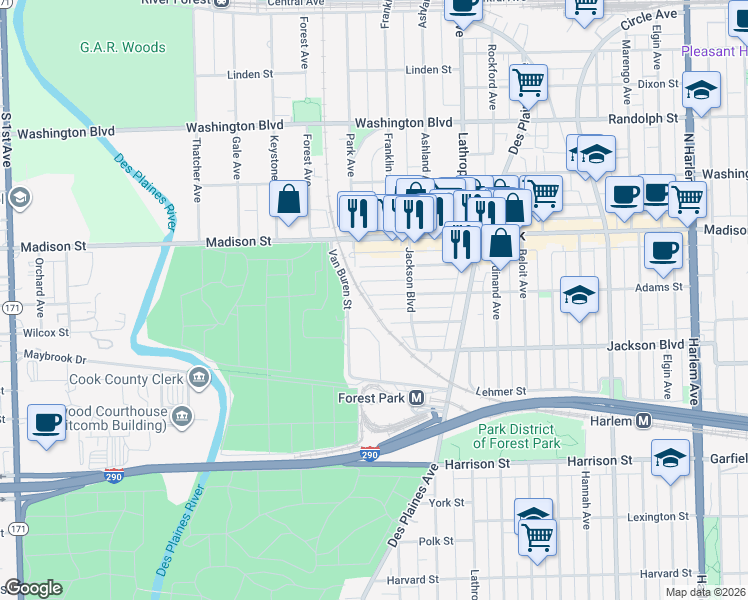 map of restaurants, bars, coffee shops, grocery stores, and more near 7775 Van Buren Street in Forest Park