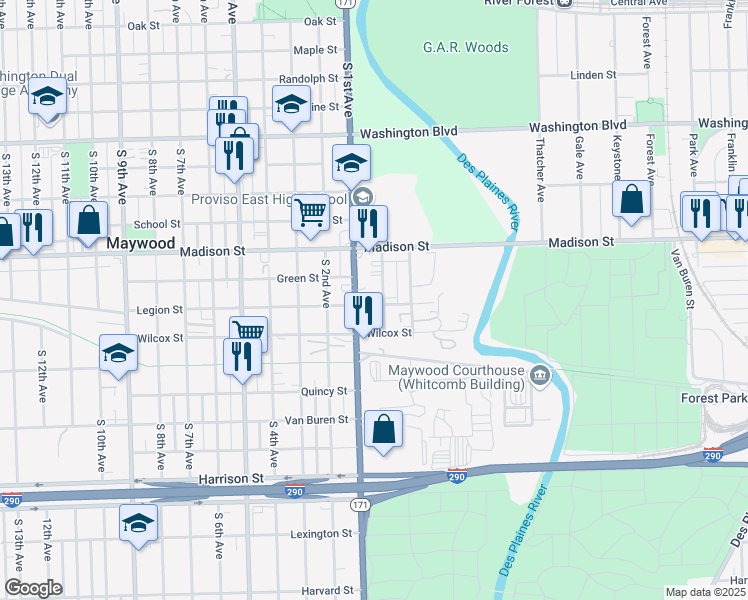 map of restaurants, bars, coffee shops, grocery stores, and more near 98 Legion Street in Maywood