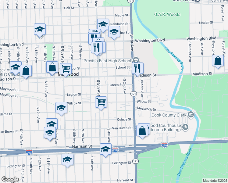 map of restaurants, bars, coffee shops, grocery stores, and more near 1203 South 4th Avenue in Maywood