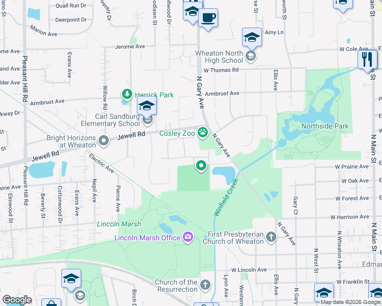 map of restaurants, bars, coffee shops, grocery stores, and more near 1034 Wheaton Oaks Drive in Wheaton