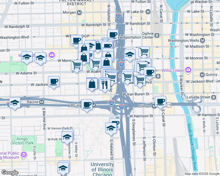 map of restaurants, bars, coffee shops, grocery stores, and more near 319 South Green Street in Chicago