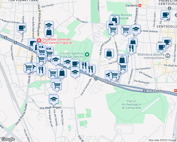 map of restaurants, bars, coffee shops, grocery stores, and more near 636-646 Via Casilina in Rome