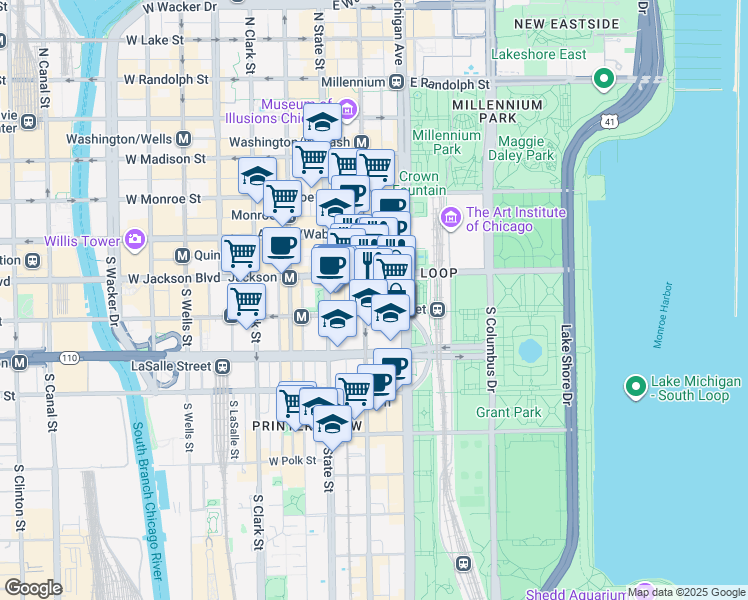 map of restaurants, bars, coffee shops, grocery stores, and more near 60 East Van Buren Street in Chicago
