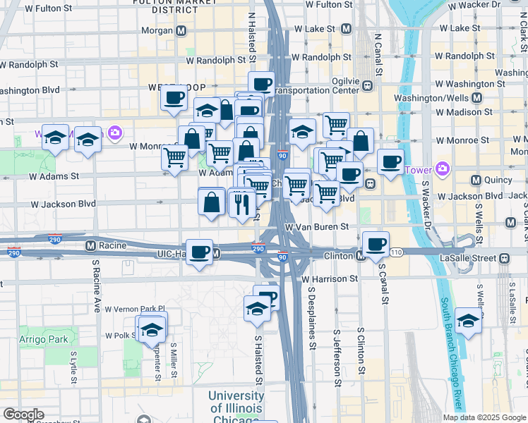 map of restaurants, bars, coffee shops, grocery stores, and more near 770 West Van Buren Street in Chicago