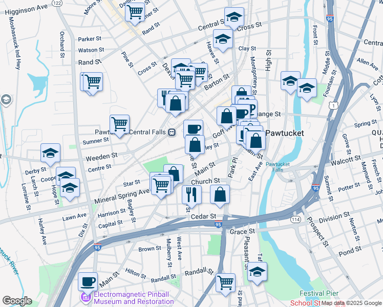 map of restaurants, bars, coffee shops, grocery stores, and more near Waverly Place in Pawtucket