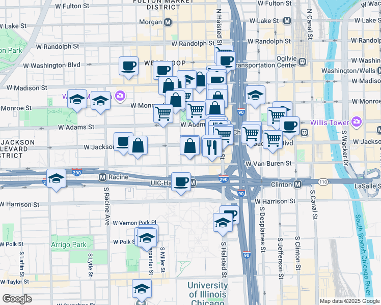 map of restaurants, bars, coffee shops, grocery stores, and more near 310 South Peoria Street in Chicago