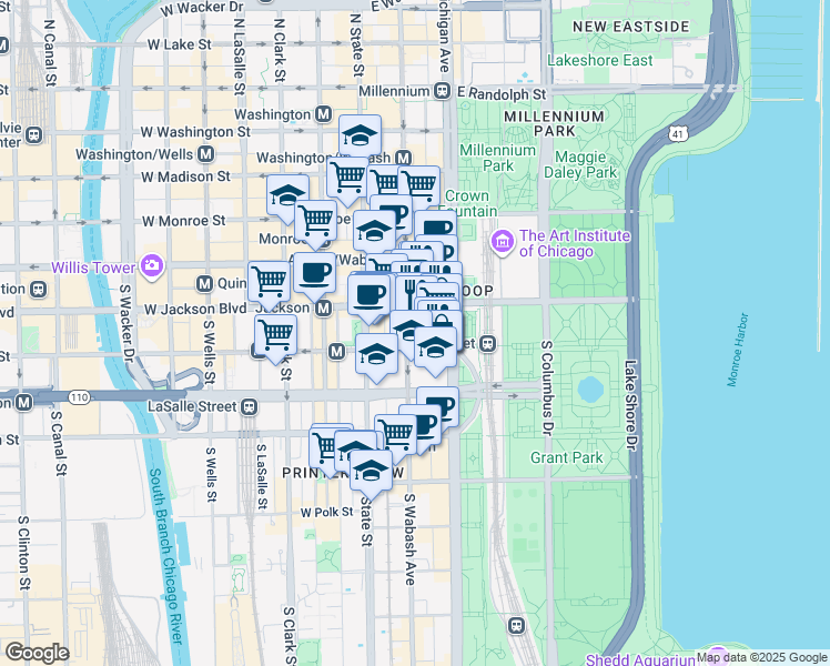 map of restaurants, bars, coffee shops, grocery stores, and more near 333 South Wabash Avenue in Chicago