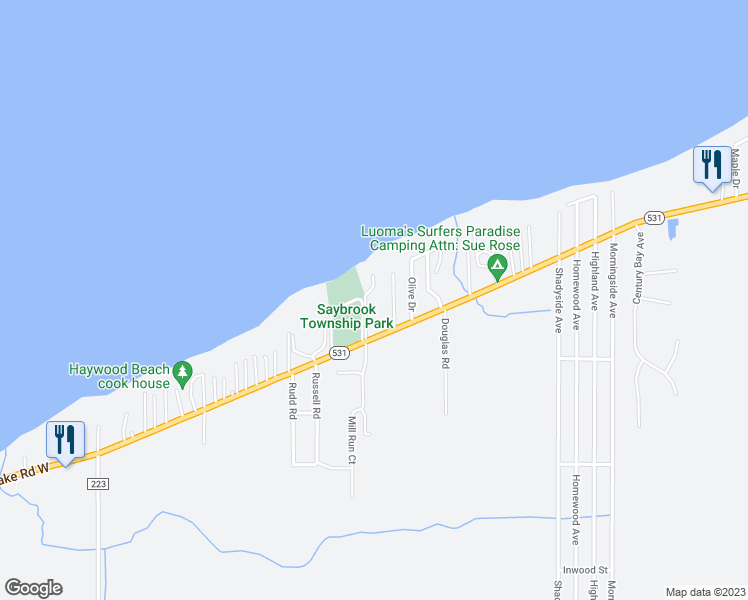 map of restaurants, bars, coffee shops, grocery stores, and more near 5941 Lake Road West in Ashtabula
