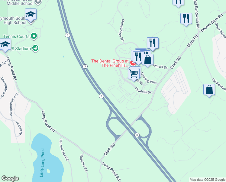 map of restaurants, bars, coffee shops, grocery stores, and more near 50 Pinehills Drive in Plymouth