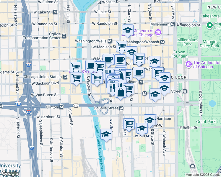 map of restaurants, bars, coffee shops, grocery stores, and more near 166 West Van Buren Street in Chicago
