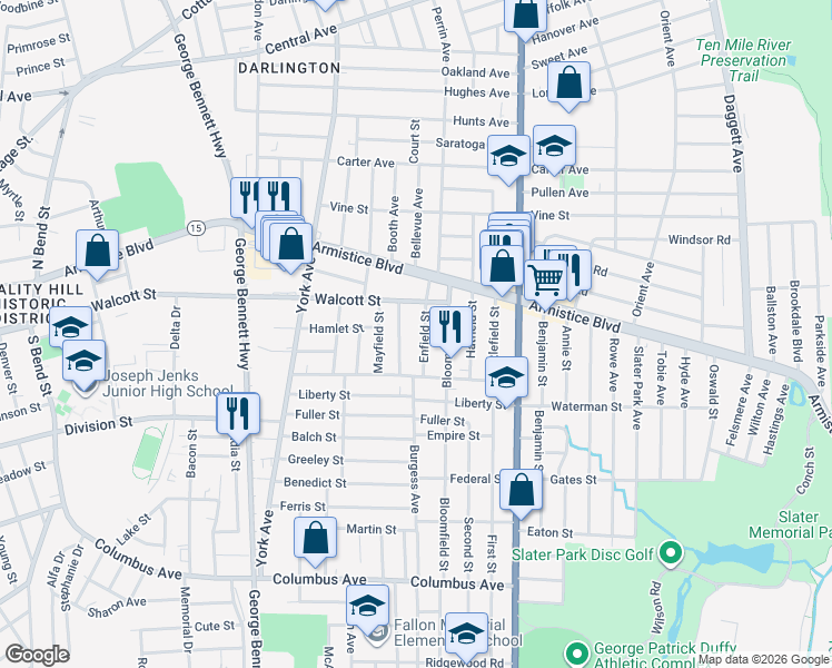 map of restaurants, bars, coffee shops, grocery stores, and more near 89 Enfield Street in Pawtucket