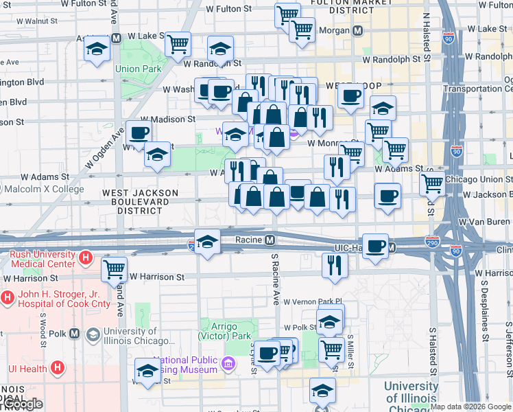 map of restaurants, bars, coffee shops, grocery stores, and more near 1224 West Van Buren Street in Chicago