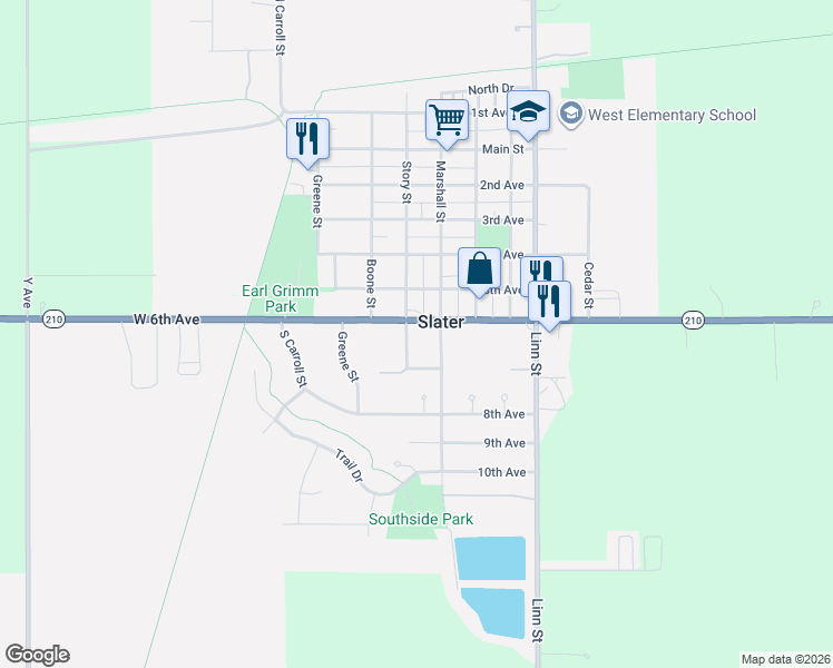 map of restaurants, bars, coffee shops, grocery stores, and more near 607 Marshall Street in Slater