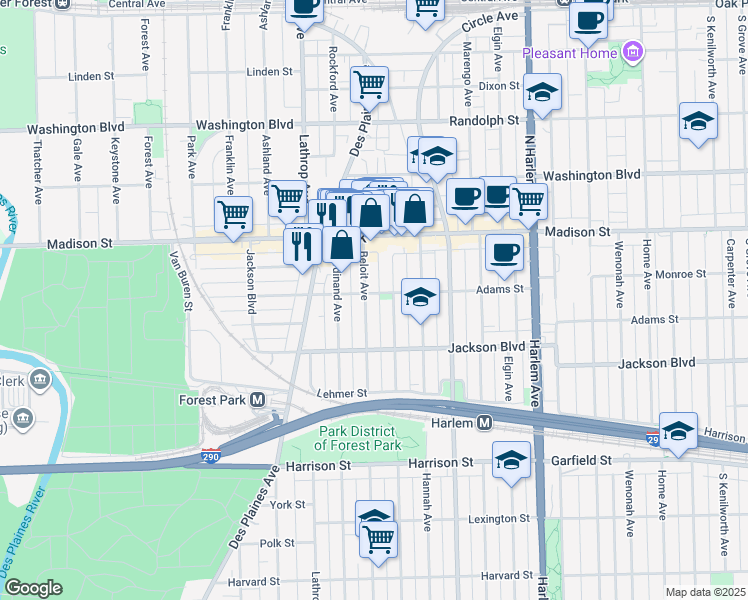 map of restaurants, bars, coffee shops, grocery stores, and more near 500 Beloit Avenue in Forest Park