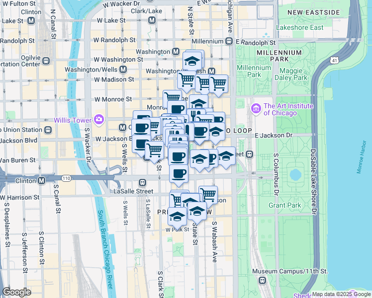 map of restaurants, bars, coffee shops, grocery stores, and more near 22 West Van Buren Street in Chicago