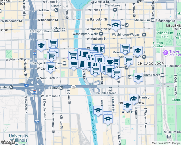 map of restaurants, bars, coffee shops, grocery stores, and more near 327 South Wacker Drive in Chicago