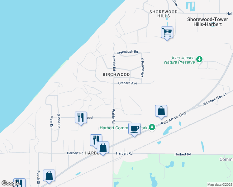 map of restaurants, bars, coffee shops, grocery stores, and more near 13395 Prairie Road in Berrien County