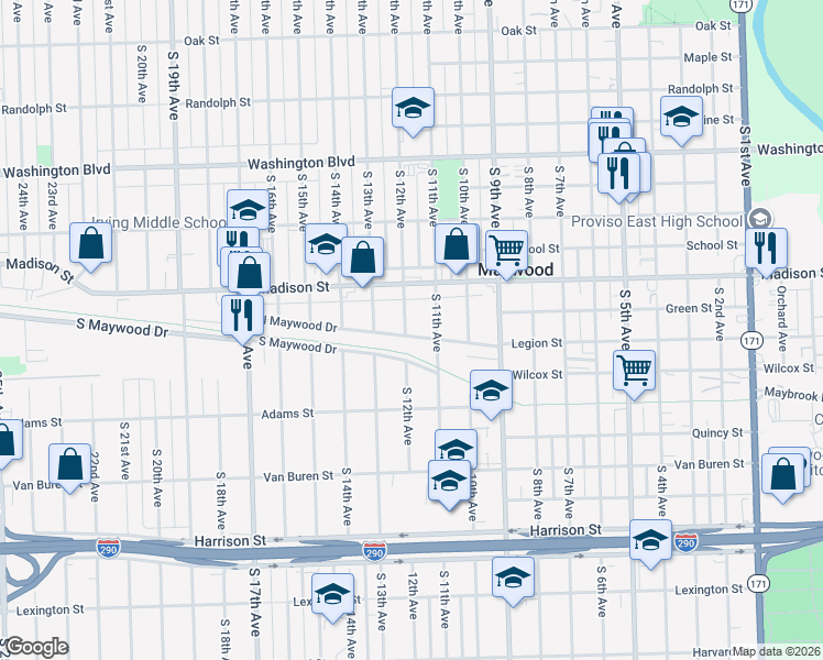 map of restaurants, bars, coffee shops, grocery stores, and more near 1204 North Maywood Drive in Maywood