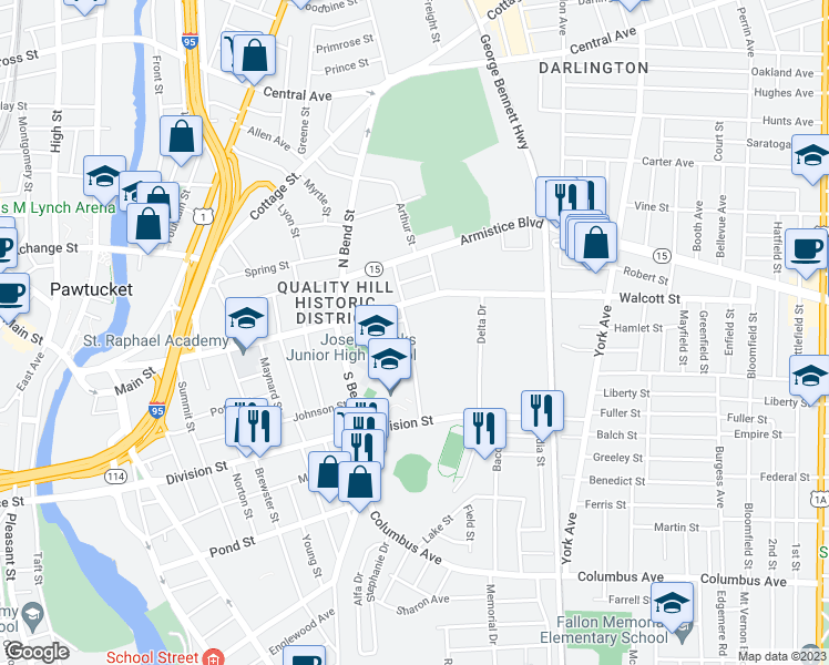 map of restaurants, bars, coffee shops, grocery stores, and more near 82 Ashton Street in Pawtucket