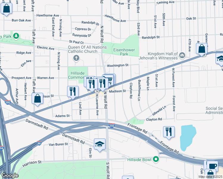 map of restaurants, bars, coffee shops, grocery stores, and more near 342 Iroquois Road in Hillside