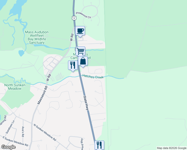 map of restaurants, bars, coffee shops, grocery stores, and more near 90 Village Lane in Wellfleet
