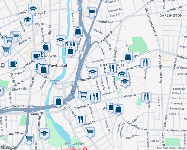 map of restaurants, bars, coffee shops, grocery stores, and more near 41 Maynard Street in Pawtucket