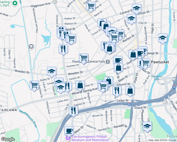 map of restaurants, bars, coffee shops, grocery stores, and more near in Pawtucket