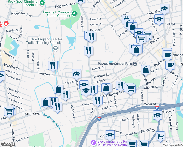 map of restaurants, bars, coffee shops, grocery stores, and more near 358 Weeden Street in Pawtucket