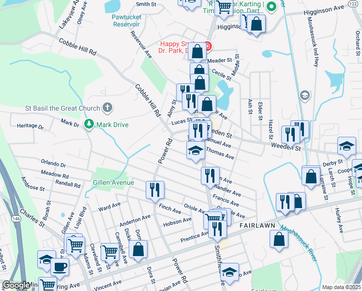 map of restaurants, bars, coffee shops, grocery stores, and more near 205 Morris Avenue in Pawtucket