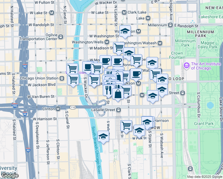 map of restaurants, bars, coffee shops, grocery stores, and more near 166 West Van Buren Street in Chicago