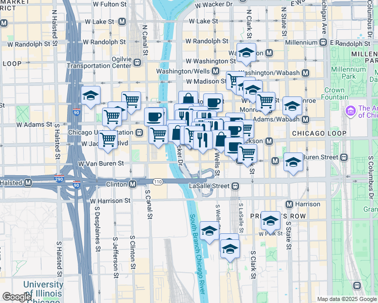 map of restaurants, bars, coffee shops, grocery stores, and more near 327 South Wacker Drive in Chicago