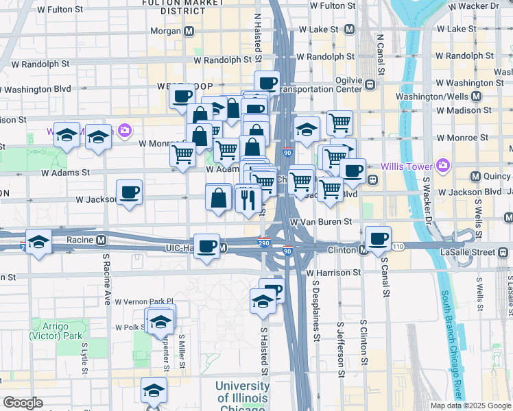 map of restaurants, bars, coffee shops, grocery stores, and more near 319 South Green Street in Chicago