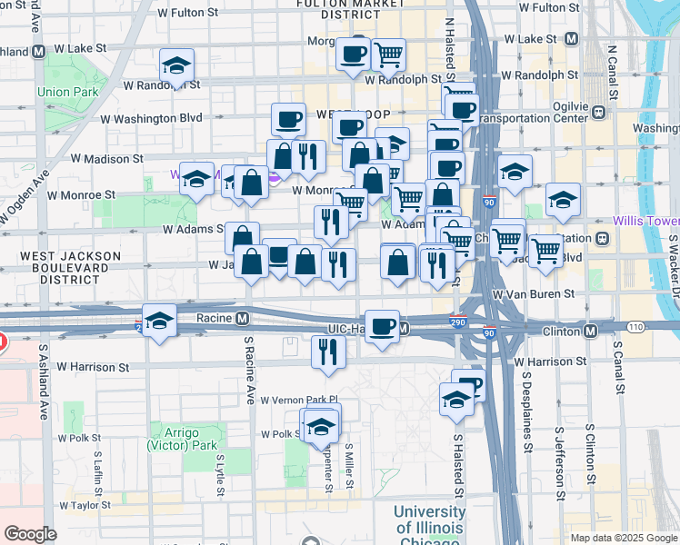 map of restaurants, bars, coffee shops, grocery stores, and more near 1010 West Van Buren Street in Chicago