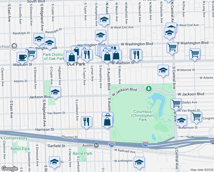 map of restaurants, bars, coffee shops, grocery stores, and more near 632 South Humphrey Avenue in Oak Park